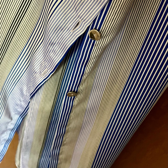 Zara Blue Stripe Satin Effect Midi Shirt Dress w Button Side Slits - Picture 5 of 13